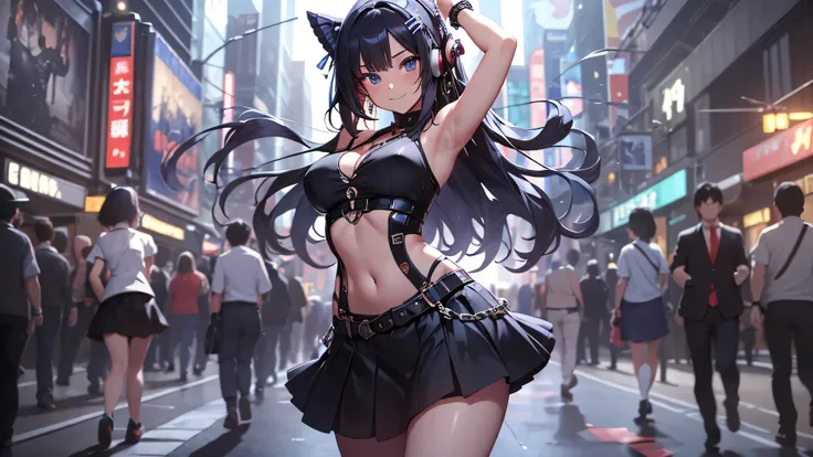 最high quality、best image quality、masterpiece、teenage girl((18-year-old、 by becoming、vest bust、medium bust,wide open breast tea、black eye, black hair、long hair、thin,highest valley、cute makeup、black short skirt、Red spats、fluttering hair、white navel tank top、...