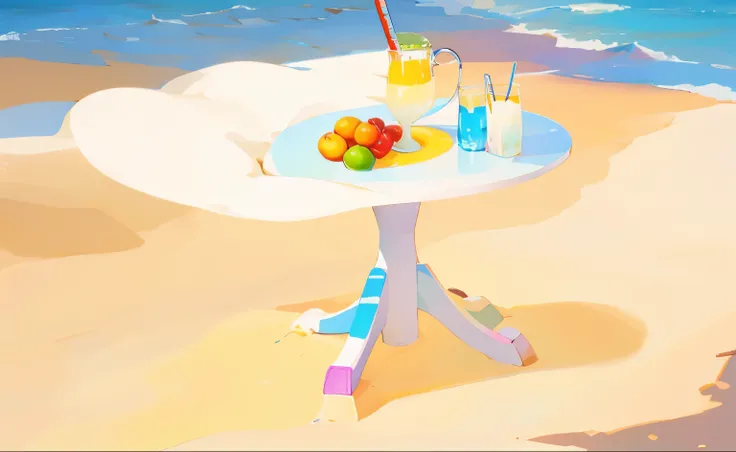 There  a white table and a white round table on the beach, digital painting, in a seaside setting, digital drawing, on the beach, 软digital painting, surreal scene, beach environment, afternoon, at the beach, Beach scene, 卧底cup的绘画, Detailed soft painting, s...