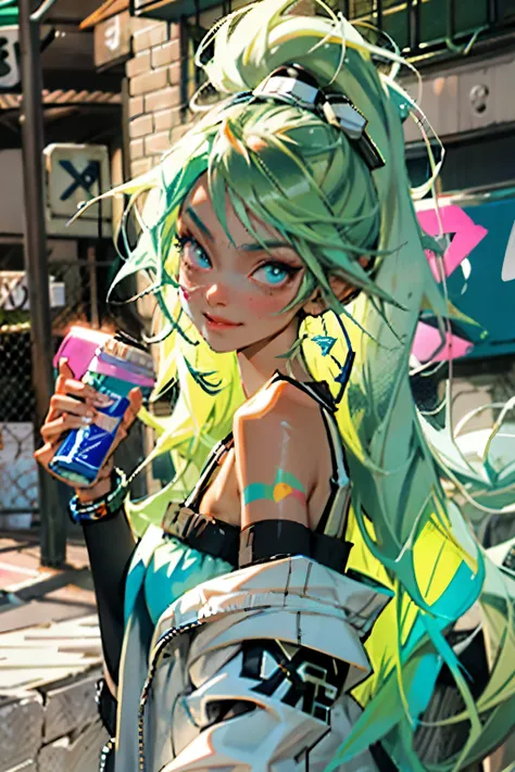 anime slim girl with a cap and a mask, thin face, holding a spray can, green messy hair, street background in neon pink and blue colors, stickers, smirk face, harley vibe, bad girl
