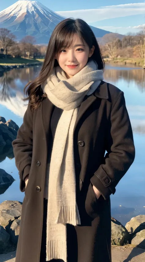 (highest quality,masterpiece:1.3,ultra high resolution),(Super detailed,caustics,8K),(photorealistic:1.4,RAW shooting),(Mt. Fuji reflected upside down on the lake surface),sun,Lens flare,24-years-old,cute,Japanese,black short hair,best smile,big boobs,wrap...