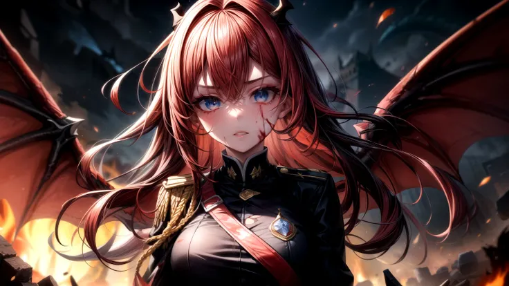 1girl,black military uniform,wide hips, red hair,long hair,floating hair, blue eyes, debris,(close-up),upper body, walking, explosive in background,fire in background,sword, dragon horns,( dragon wings),dragon tail, (blood on face),(torn clothes), blood on...