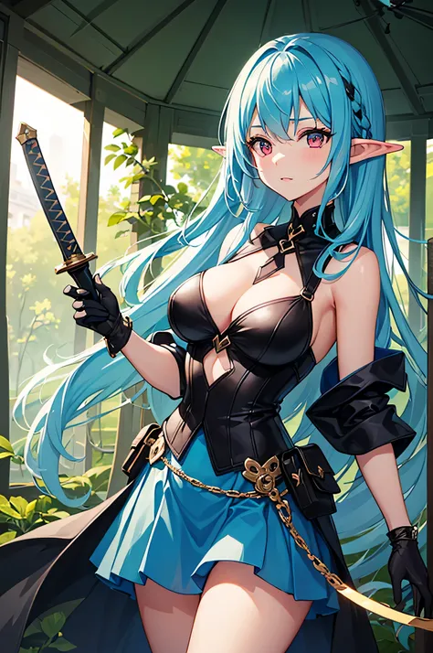 4K,High resolution,one woman,bright blue hair,long hair,red eyes,goblin,big breasts,swordsman,black hero dress,black gloves,black boots,Japanese sword,in the forest