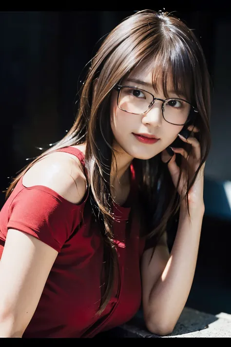 (8K、Raw photo、highest quality、masterpiece:1.2)、(realistic、Photoreal:1.37)、super detailed、Super high resolution、1 girl、see the beholder、beautiful and detailed face、laughter、narrow、(slim waist) :1.3)、((Red shirt clothes beautiful detailed skin、skin texture、f...