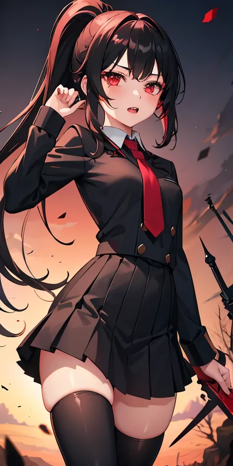 1girl, black school uniform, blood sword, blush, vampire teeth, red eye, black hair,ponytail hair