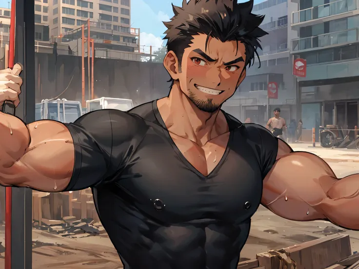 tanned skin,uncle,evil smile,people, ,muscle,macho, black shirt,,tanned skin,Sweat,constructionyardai,Construction site