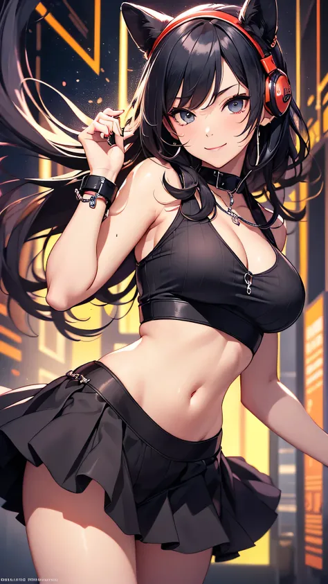 最high quality、best image quality、masterpiece、teenage girl((18-year-old、 by becoming、vest bust、medium bust,wide open breast tea、black eye, black hair、long hair、thin,highest valley、cute makeup、black short skirt、Red spats、fluttering hair、white navel tank top、...