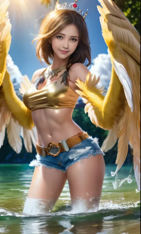 Masterpieces of the highest quality,insanely detailed.hyper real, cowboy shot, (harpy), (Winged arms), (harpycpt, Winged arms, harpy, bird&#39;s feet, heels), she is smiling. On its head, wears a crown made of feathers. She is water play in the lake in the...