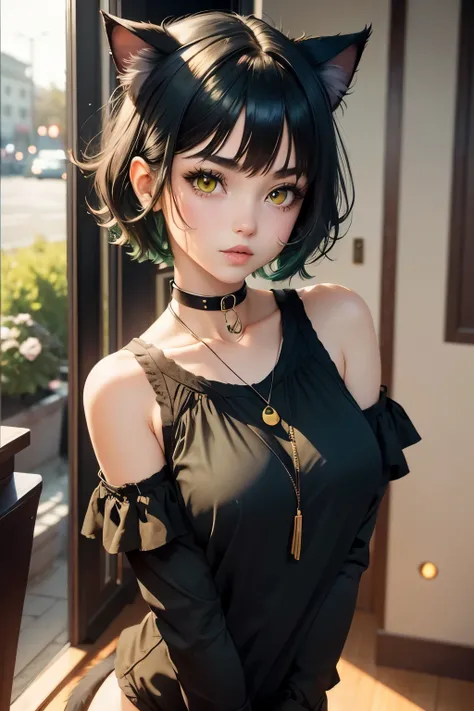 Cute girl, short dark green hair, yellow eyes, cat ears, cat collar, cat tail, sexy 