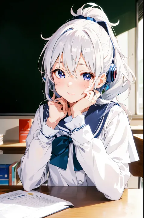 anime girl sitting at a desk with her chin resting on her hand, beautiful anime high school girl, cute anime girl, anime visual of a cute girl, young anime girl, portrait anime girl, anime moe artstyle, pretty anime girl, perfect white haired girl, (anime ...