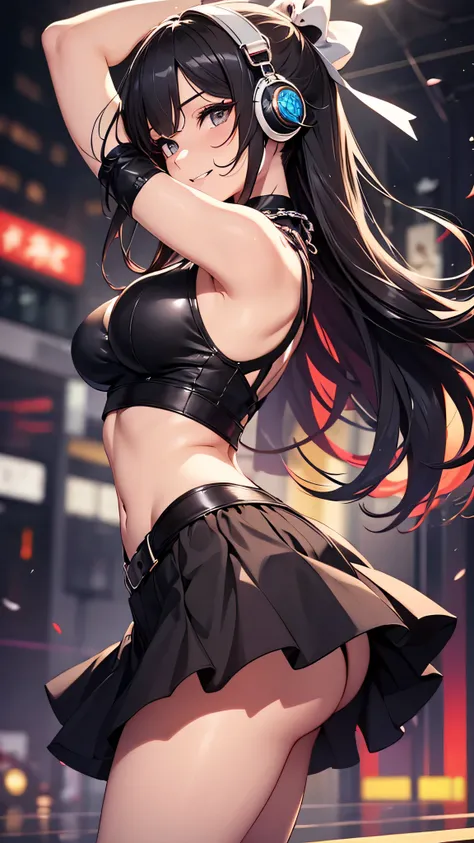 最high quality、best image quality、masterpiece、teenage girl((18-year-old、 by becoming、vest bust、medium bust,wide open breast tea、black eye, black hair、long hair、thin,highest valley、cute makeup、black short skirt、Red spats、fluttering hair、white navel tank top、...