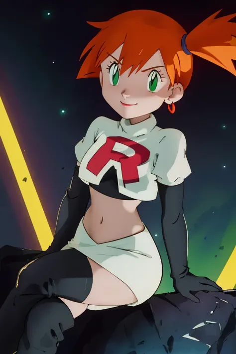 misty (pokemon), green eyes ,1girl, solo, side ponytail, orange hair, ,earrings ,lipstick, eye shadow ,team rocket uniform, red letter R, white skirt,white crop top,black thigh-high boots, black elbow gloves, evil smile, looking down on viewer, sitting ,cr...