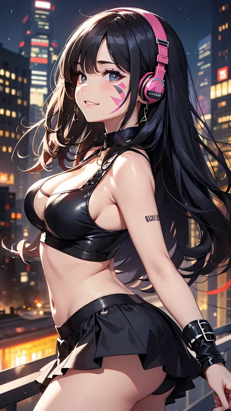 最high quality、best image quality、masterpiece、teenage girl((18-year-old、 by becoming、vest bust、medium bust,wide open breast tea、black eye, black hair、long hair、thin,highest valley、cute makeup、black short skirt、Red spats、fluttering hair、white navel tank top、...