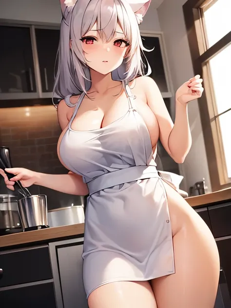 best quality　High resolution　one young beautiful woman　red eyes beautiful white hair　medium perm　A cute young lady with a soft touch　Cat ear　Fascinating nude apron appearance　kitchen　breastfeeding service　The huge breasts of a virgin killer with amazing ch...