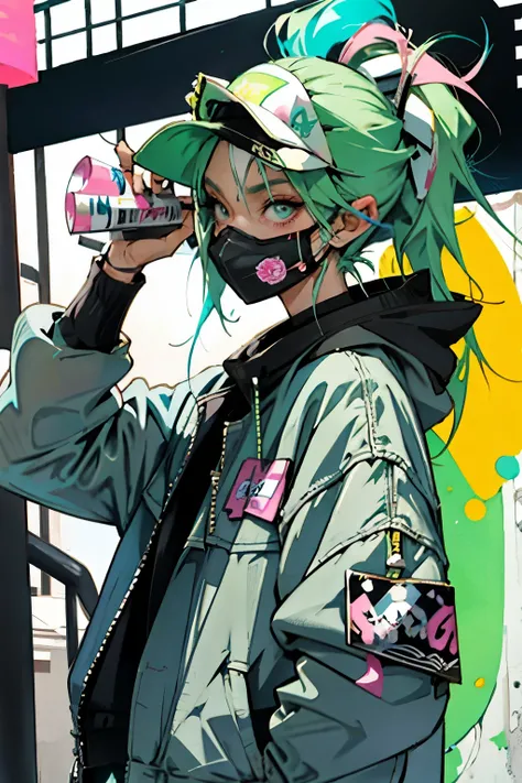 anime slim girl with a cap and a mask, thin face, holding a spray can, green messy hair, street background in neon pink and blue colors, stickers, smirk face, harley vibe, bad girl
