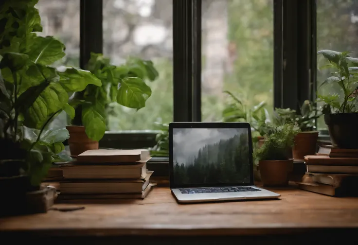 artist&#39;There are some plants on the desk, books, , laptop, shelf, drawer, You can see the green scenery outside the window, view straight on