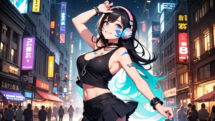 最high quality、best image quality、masterpiece、teenage girl((18-year-old、 by becoming、vest bust、medium bust,wide open breast tea、black eye, black hair、long hair、thin,highest valley、cute makeup、black short skirt、Red spats、fluttering hair、white navel tank top、...