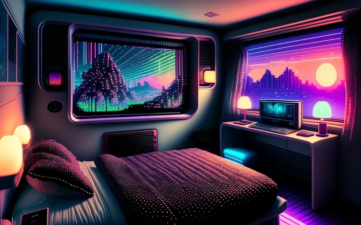 photo of a cozy upscale Atari-64 neo-gameboy futurism bedroom