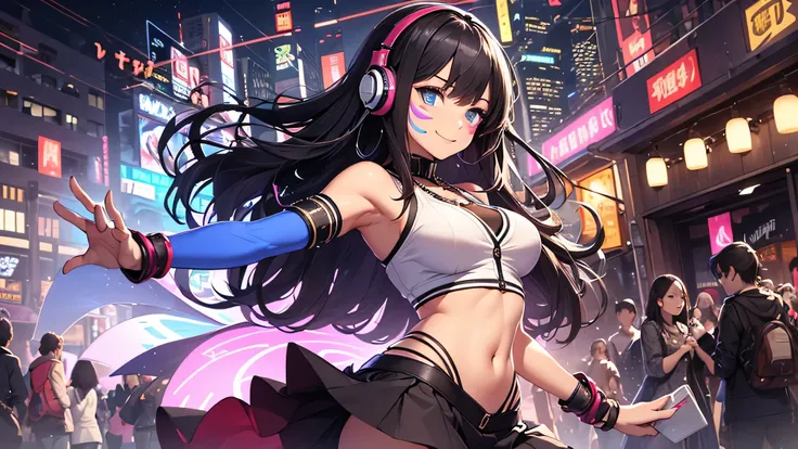 最high quality、best image quality、masterpiece、teenage girl((18-year-old、 by becoming、vest bust、medium bust,wide open breast tea、black eye, black hair、long hair、thin,highest valley、cute makeup、black short skirt、Red spats、fluttering hair、white navel tank top、...