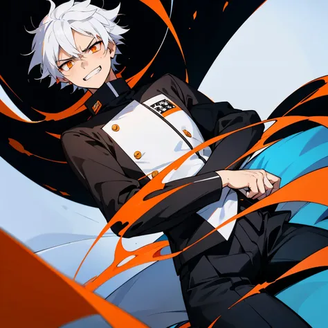 1boy, white hair, orange eyes, wearing black uniform, grin, annoyed face