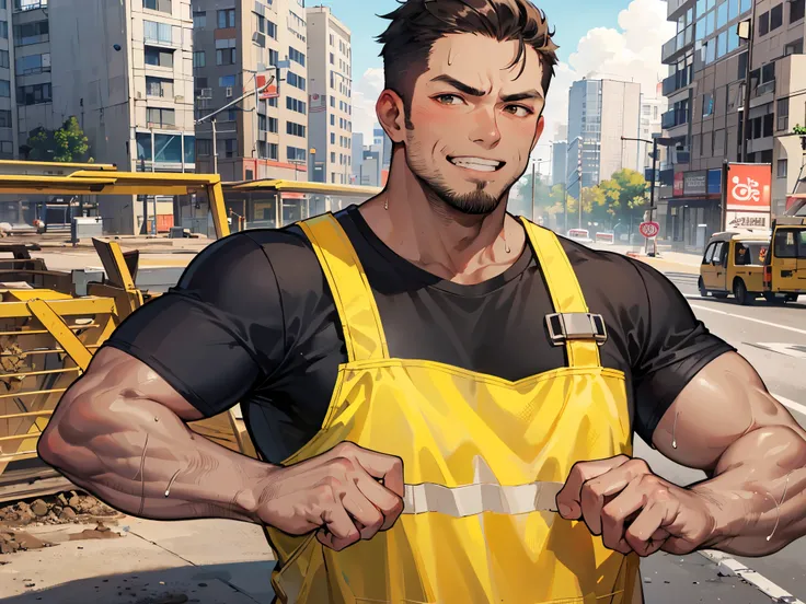 brown,tanned skin,uncle,50 age一people,solo,evil smile,people, ,muscle,macho, black shirt,,tanned skin,Sweat,constructionyardai,Construction site