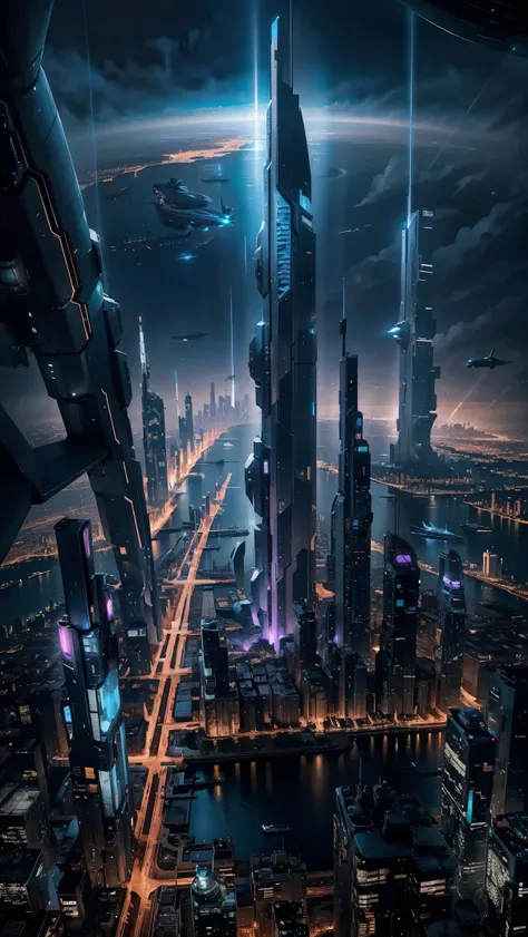 night view seen from an airplane,future city:1.3,port,flying spaceship,skyscraper,master piece,highest quality,ultra high resolu...