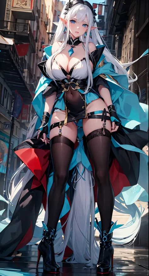 (white hair ),白色long hair,close up,dream world,Elf mature, 银白色long hair,long hair,tear nevus,earrings,(lipstick,earrings),necklace,a pair of bracelets,Sling blue hip skirt,humanoid, paris bar background, her skin  white, fair complexion,blue eyes,白色long ha...