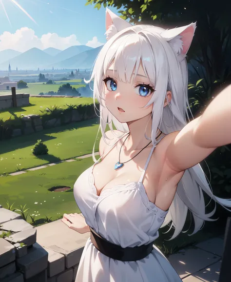 anime style, model shoot style, (upper body) (selfie:1.7) of a ((girl:1.6)), (1girl:1.3), (white hair, long hair:1.3), (white dress:1.3, landscape in the background:1.5), ((beautiful face: 1.7, perfect face:1.5)), (best quality:1.5, hyperrealistic:1.5, pho...