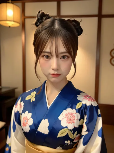 masterpiece、highest quality、super detailed face、super detailed hair、detailed eyes、bun hair、New Year、kimono、upper part of the body、tatami room、looking at the camera、front、Japanese style