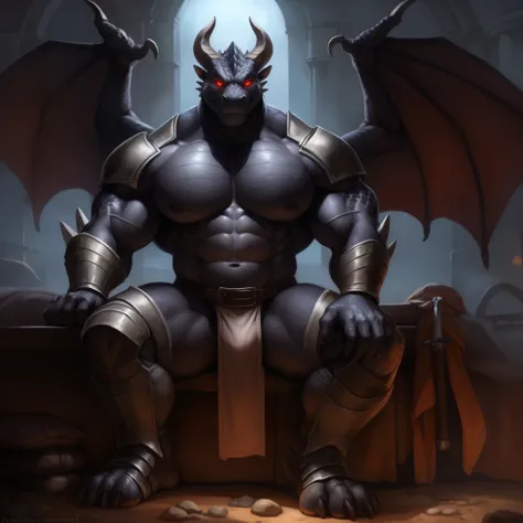 medieval bedroom, night, dark fog, sitting on bed, penis, (ultra detailed), a beautiful and detailed full size portrait of a male anthro dragon, scalie, dragonic, demon monster, (black body, black skin) smirk, (scales, detailed scales, muscle anthro, buff,...