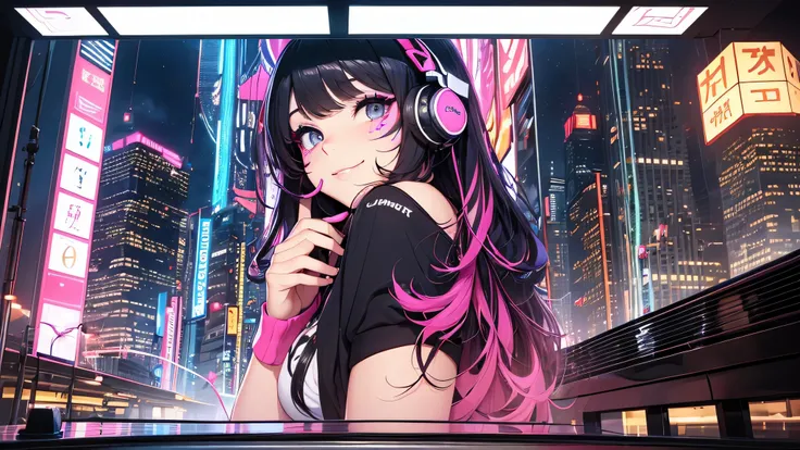 最high quality、best image quality、masterpiece、teenage girl((18-year-old、 by becoming、vest bust、medium bust,wide open breast tea、black eye, black hair、long hair、thin,highest valley、cute makeup、cyber tank top、Cyber Headphones、Cyber Skirt、best smile、Rear view、...