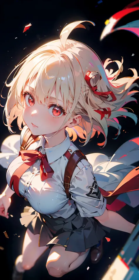 Absurd resolution, high resolution, (masterpiece: 1.4), super detailed, girl alone, from above, space, floating, platinum blonde, medium hair, red eyes