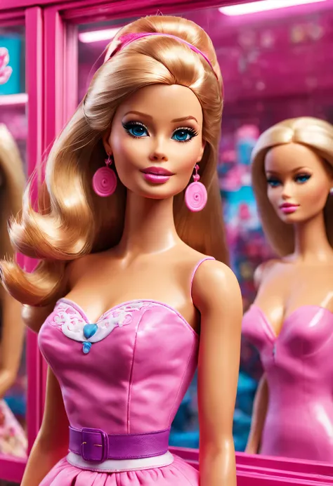 UHD， retina， masterpiece， ccurate， anatomically correct， textured skin， super detail， high detail， high quality， award winning， best quality， highres， 16k，（scenography），（Barbie toy store window photography：1.37），Distance photography，3D rendering，Pixar，Deta...