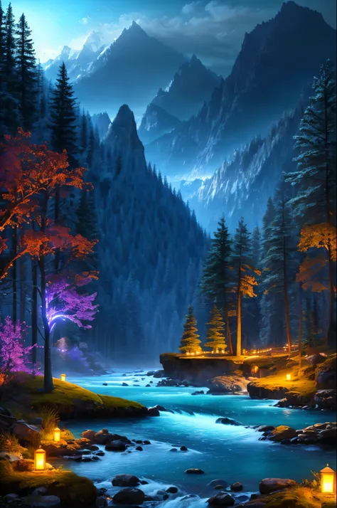 best quality, masterpiece, beautiful wild and natural fantasy landscape with glowing lights