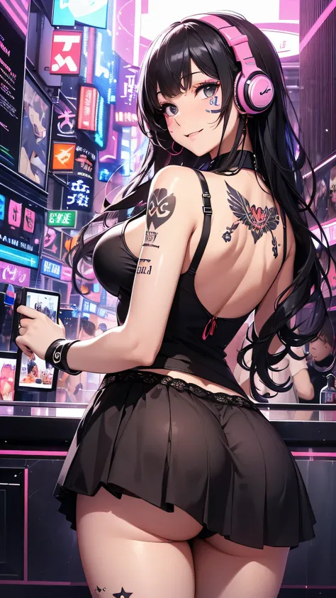 最high quality、best image quality、masterpiece、teenage girl((18-year-old、 by becoming、vest bust、medium bust,wide open breast tea、black eye, black hair、long hair、thin,highest valley、cute makeup、cyber tank top、Cyber Headphones、Cyber Skirt、best smile、Rear view、...