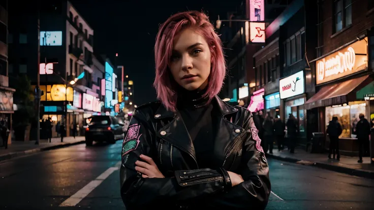 cyberpunk woman, pink hair, front a custom black motorcycle, leather jacket, in street, at night, city cyberpunk in background, cybernetic arm