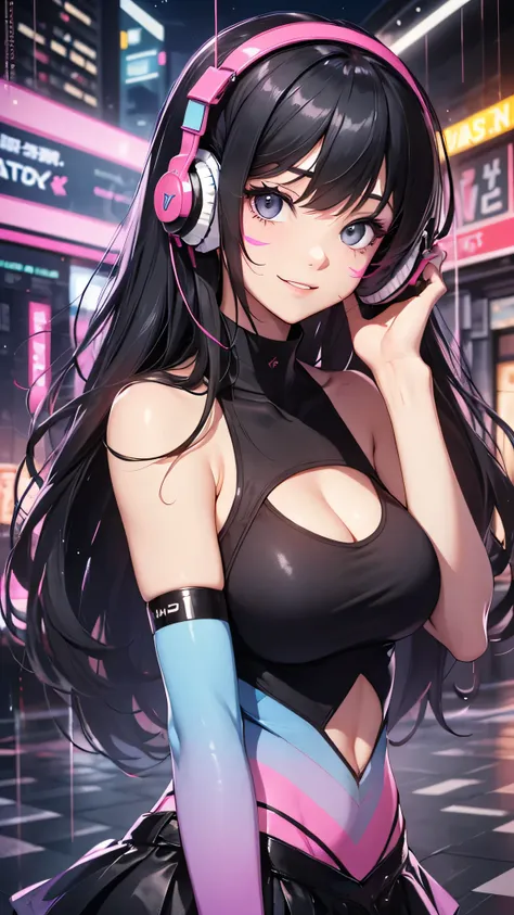 最high quality、best image quality、masterpiece、teenage girl((18-year-old、 by becoming、vest bust、medium bust,wide open breast tea、black eye, black hair、long hair、thin,highest valley、cute makeup、cyber tank top、Cyber Headphones、Cyber Skirt、best smile、leaning fo...