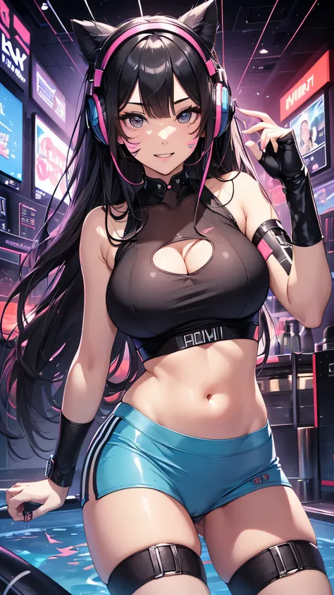 最high quality、best image quality、masterpiece、teenage girl((18-year-old、 by becoming、vest bust、medium bust,wide open breast tea、black eye, black hair、long hair、thin,highest valley、cute makeup、cyber tank top、Cyber Headphones、Cyber Skirt、best smile、leaning fo...