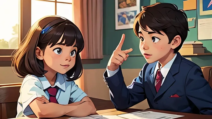 two pupils, a boy and a girl, the age of 6, sitting face to face, each other, at table half upper body, the girl expressing agreement, possibly pointing to the blue color, with a friendly and cute demeanor. they should be portrayed in a cute anime cartoon ...