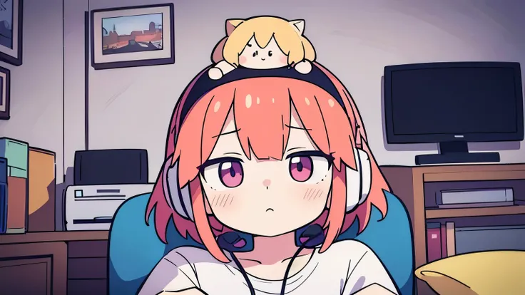 there is a woman sitting on the chair with headphones on her head listening to music, photo taken in the bedroom, digital anime illustration, portrait of Lofi , 4k anime style, girl wearing headphones on her head , Praise Artstyle, with headphones on her h...