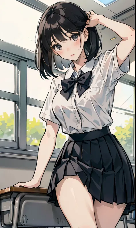 a girl with a skirt holding up her white socks above a bare ground, 1girl, underwear, solo, skirt, indoors, panties, classroom, school uniform, blush, desk, looking at viewer, short sleeves, pleated skirt, window, shirt, school desk, black hair, breasts