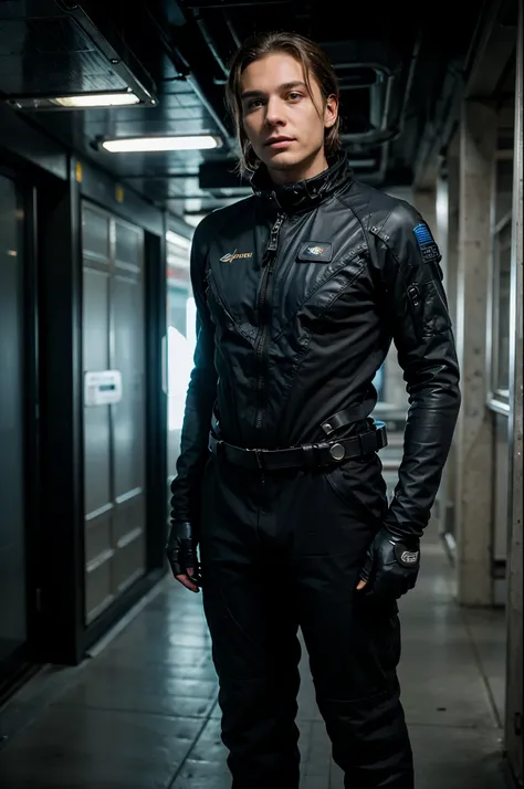 full body photo of a man, in space, futuristic space black suit, (freckles:0.8) man, sci-fi, dystopian, detailed eyes, blue eyes