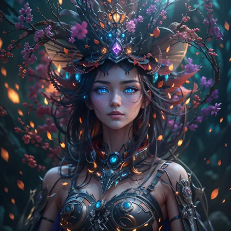 Futuristic robot witch in the enchanted forest、witch hat、cybernetic enhancement、Mechanical edge structure、cloak，upper body portrait，Create a mysterious and charming atmosphere，Glittering symbols and runes、Sparkling magic gemstones、Rainbow palette，（best qua...