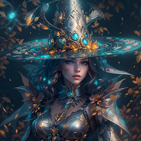 Futuristic robot witch in the enchanted forest、witch hat、cybernetic enhancement、Mechanical edge structure、cloak，upper body portrait，Create a mysterious and charming atmosphere，Glittering symbols and runes、Sparkling magic gemstones、Rainbow palette，（best qua...