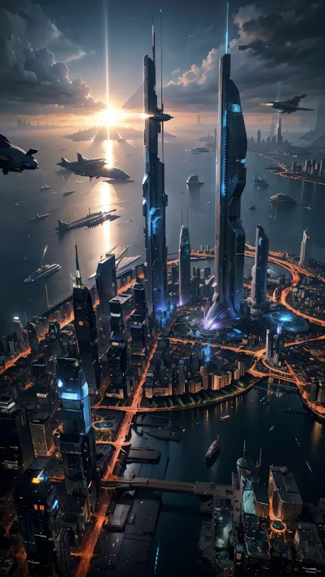 future city seen from an airplane:1.5,night,sunny,port,flying spaceship,skyscraper,master piece,highest quality,ultra high resol...