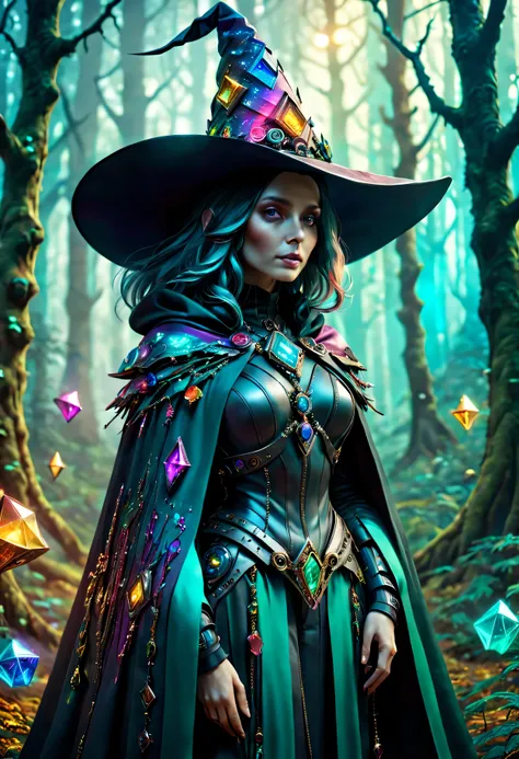 Futuristic robot witch in the enchanted forest、witch hat、cybernetic enhancement、Mechanical edge structure、cloak，Create a mysterious and charming atmosphere，Glittering symbols and runes、Sparkling magic gemstones、Rainbow palette，（best quality，4K，8k，masterpie...
