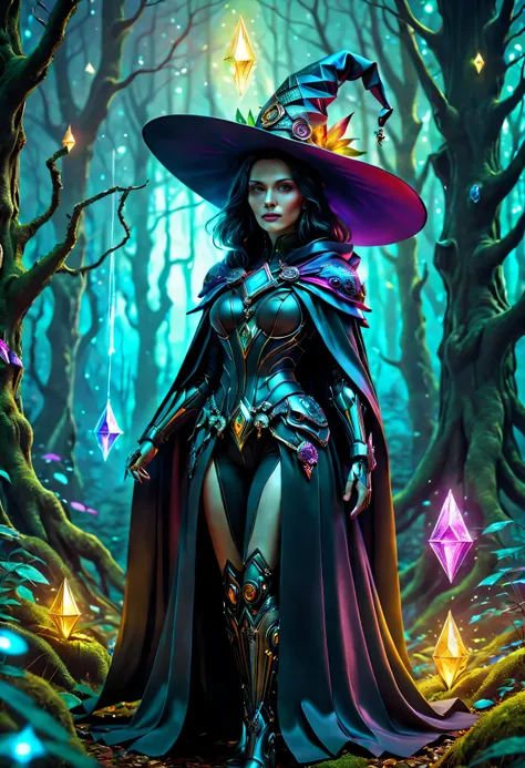 Futuristic robot witch in the enchanted forest、witch hat、cybernetic enhancement、Mechanical edge structure、cloak，Create a mysterious and charming atmosphere，Glittering symbols and runes、Sparkling magic gemstones、Rainbow palette，（best quality，4K，8k，masterpie...