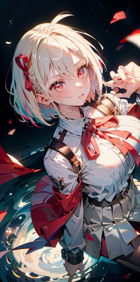 Absurd resolution, high resolution, (masterpiece: 1.4), super detailed, girl alone, from above, space, floating, platinum blonde, medium hair, red eyes