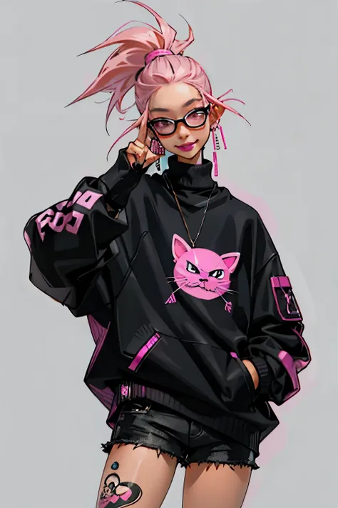 kpop girl with rizz smile face, bad ass, black,pink hair, tattoos on hands and neck, piercing, black mixed pink striped sweater, cool badass pose, smoke background ,jht,1boy, slightly long pointy thin fingernails
