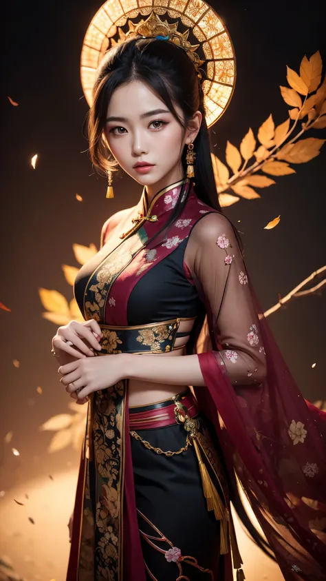 (Ultra Long Exposure Photography) High quality, highly detailed, colorful silhouette of an Chinese beautiful woman, adorned with vibrant hues, captivating contours. In the background, there are variable elements like a celestial sakura, leafs, firearms, an...