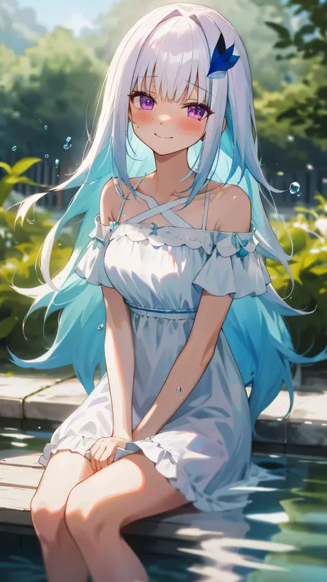 One girl with long hair, bangs, white hair, blue inner hair:1.25) , purple eyes, looking at viewer, blushing, little smile, tears, outdoor, wet, sit and soak in the water, sitting, white dress, bare shoulders, collarbone, short sleeves, bare legs, mid-ches...